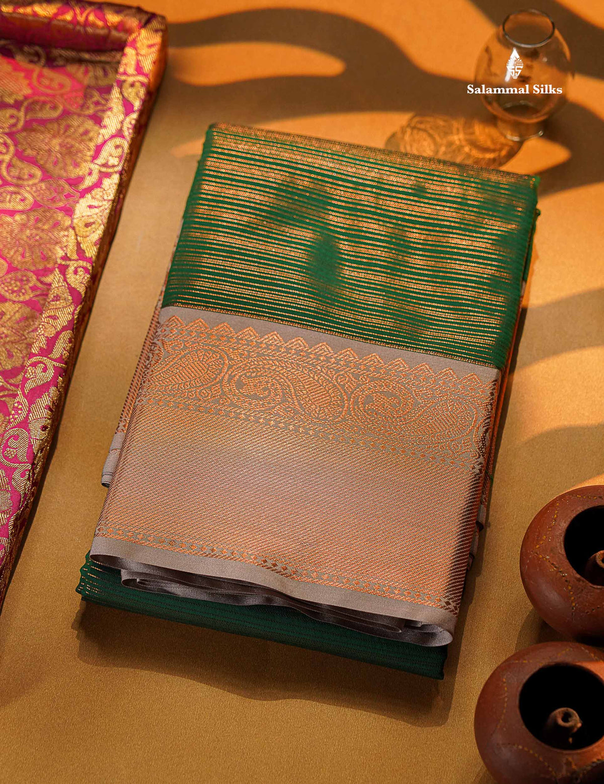Beautiful Bottle Green Vaira Oosi Lines Semi Silk Saree With Contrast Cream Grey Traditional Border