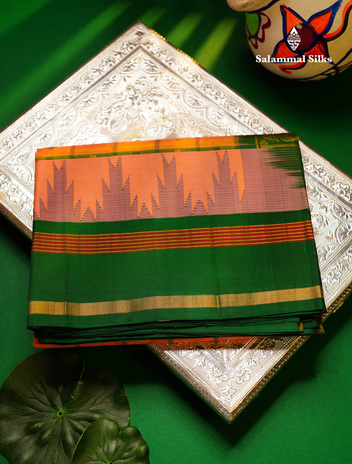Beautiful Dual Tone Pinkish Peach Checks With Butta Silk Cotton Saree With Contrast Bottle Green Traditional Temple & Gap Border