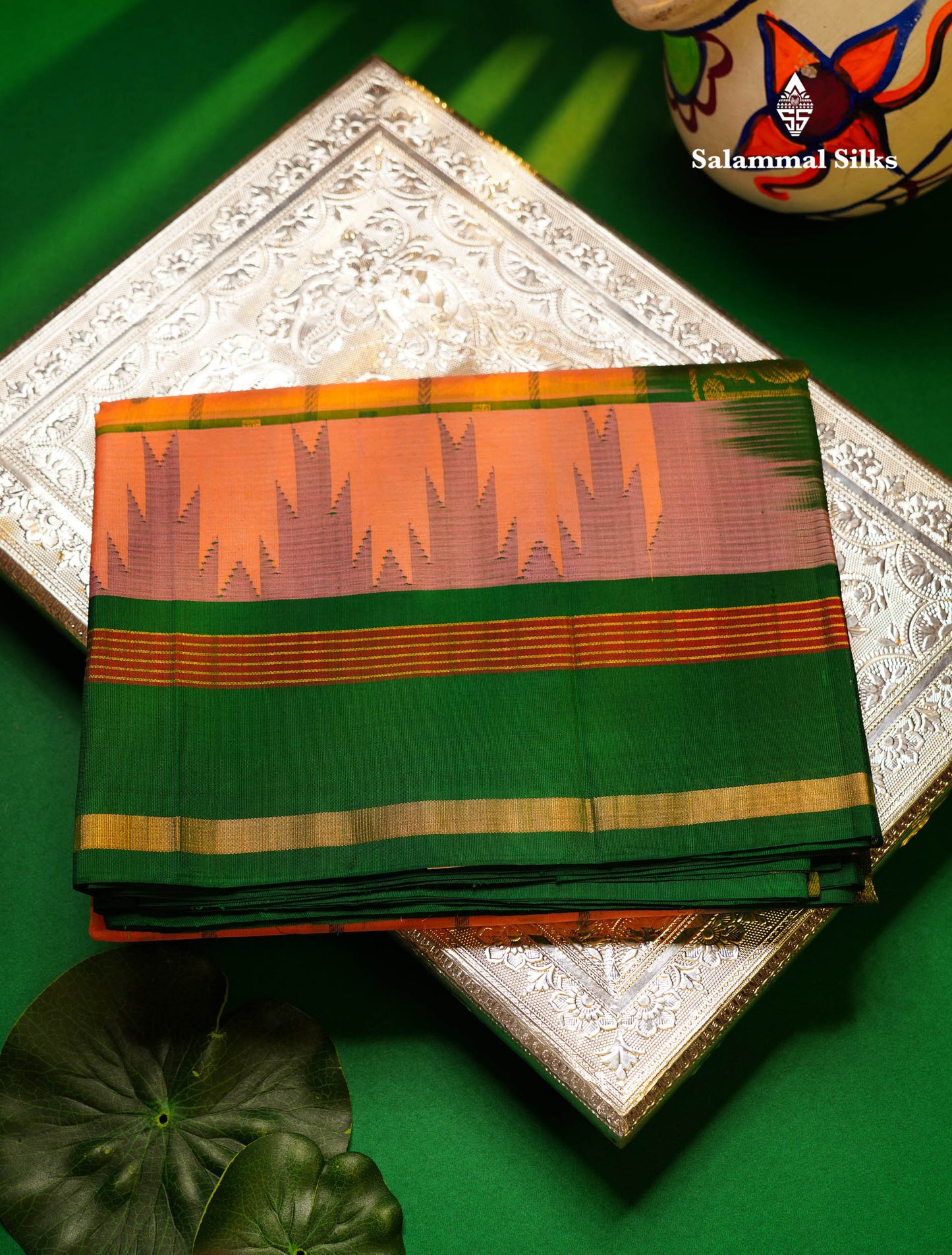 Beautiful Dual Tone Pinkish Peach Checks With Butta Silk Cotton Saree With Contrast Bottle Green Traditional Temple & Gap Border