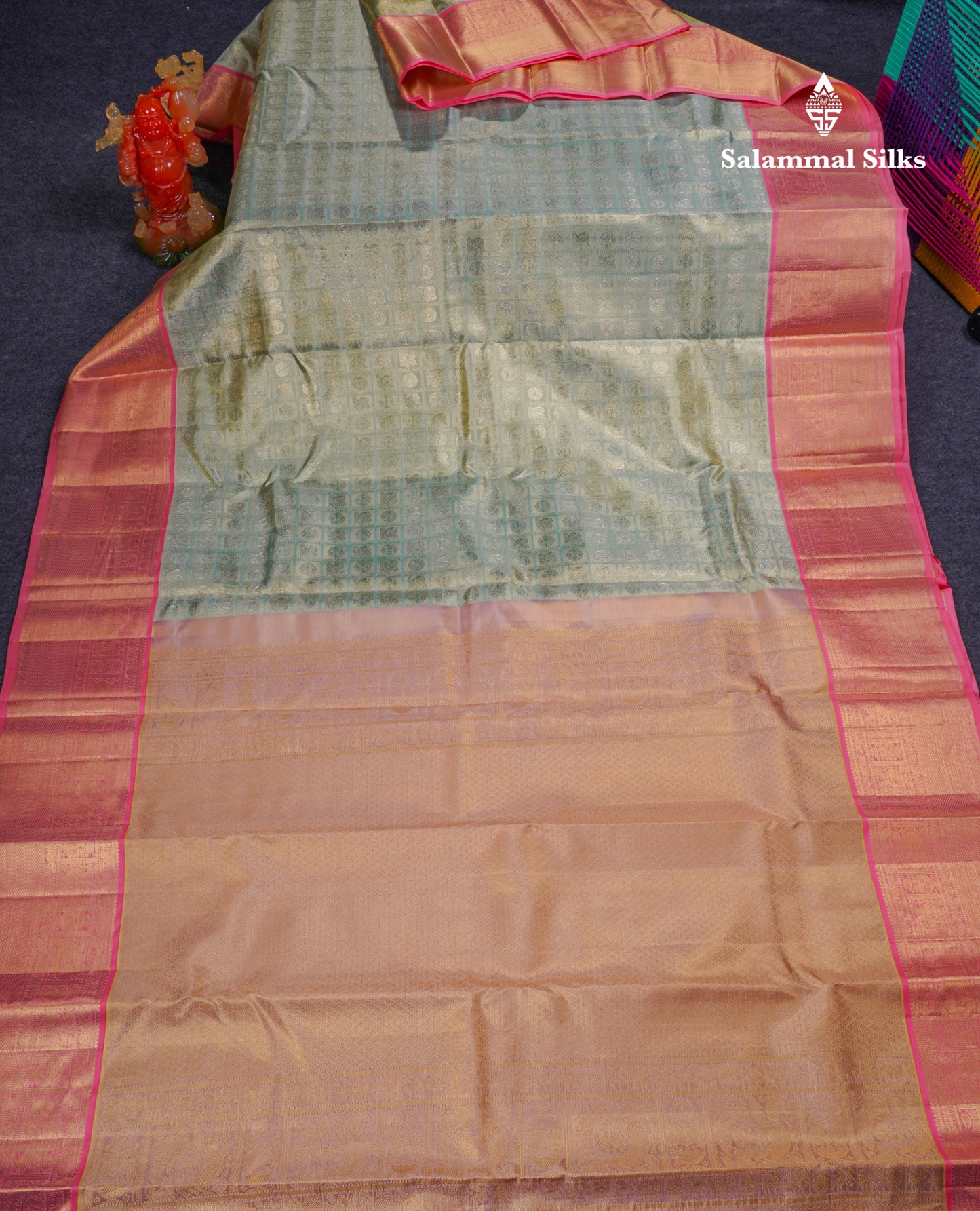 Beautiful Sapphire Blue Tissue Bridal Pure Kanjivaram Silk Saree With Contrast Peach Traditional Border