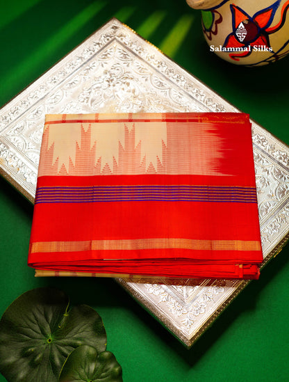 Beautiful Dual Tone Pinkish Peach Checks With Butta Silk Cotton Saree With Contrast Bottle Green Traditional Temple & Gap Border