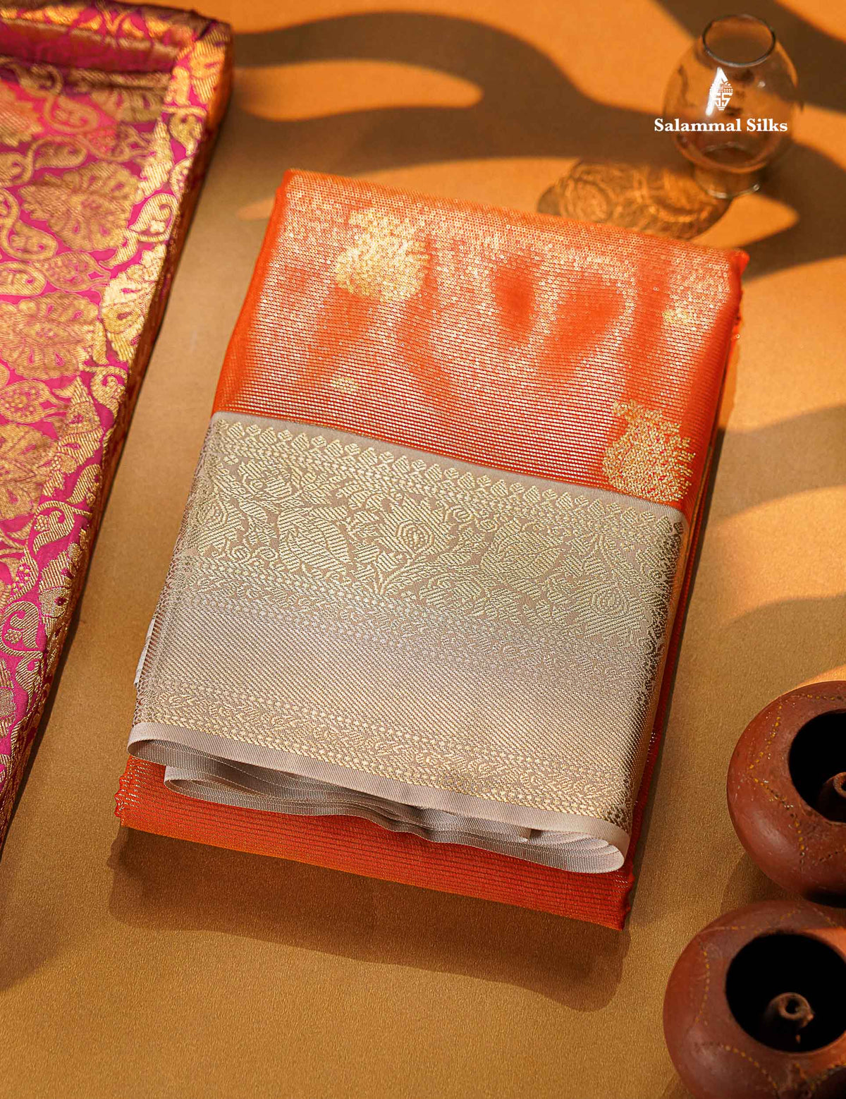 Beautiful Rust Orange Vaira Oosi With Butta Semi Silk Saree With Contrast Cream Sandal Traditional Border