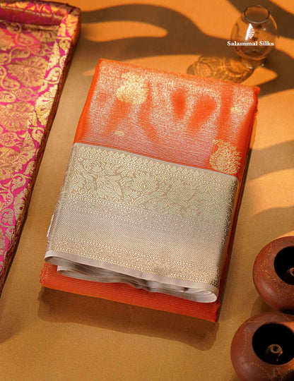 Beautiful Rust Orange Vaira Oosi With Butta Semi Silk Saree With Contrast Cream Sandal Traditional Border