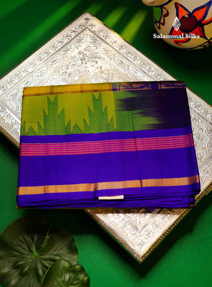 Beautiful Dual Tone Pinkish Peach Checks With Butta Silk Cotton Saree With Contrast Bottle Green Traditional Temple & Gap Border