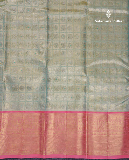 Beautiful Sapphire Blue Tissue Bridal Pure Kanjivaram Silk Saree With Contrast Peach Traditional Border