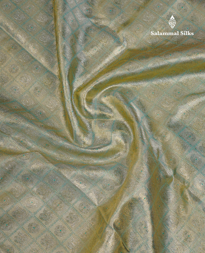 Beautiful Sapphire Blue Tissue Bridal Pure Kanjivaram Silk Saree With Contrast Peach Traditional Border