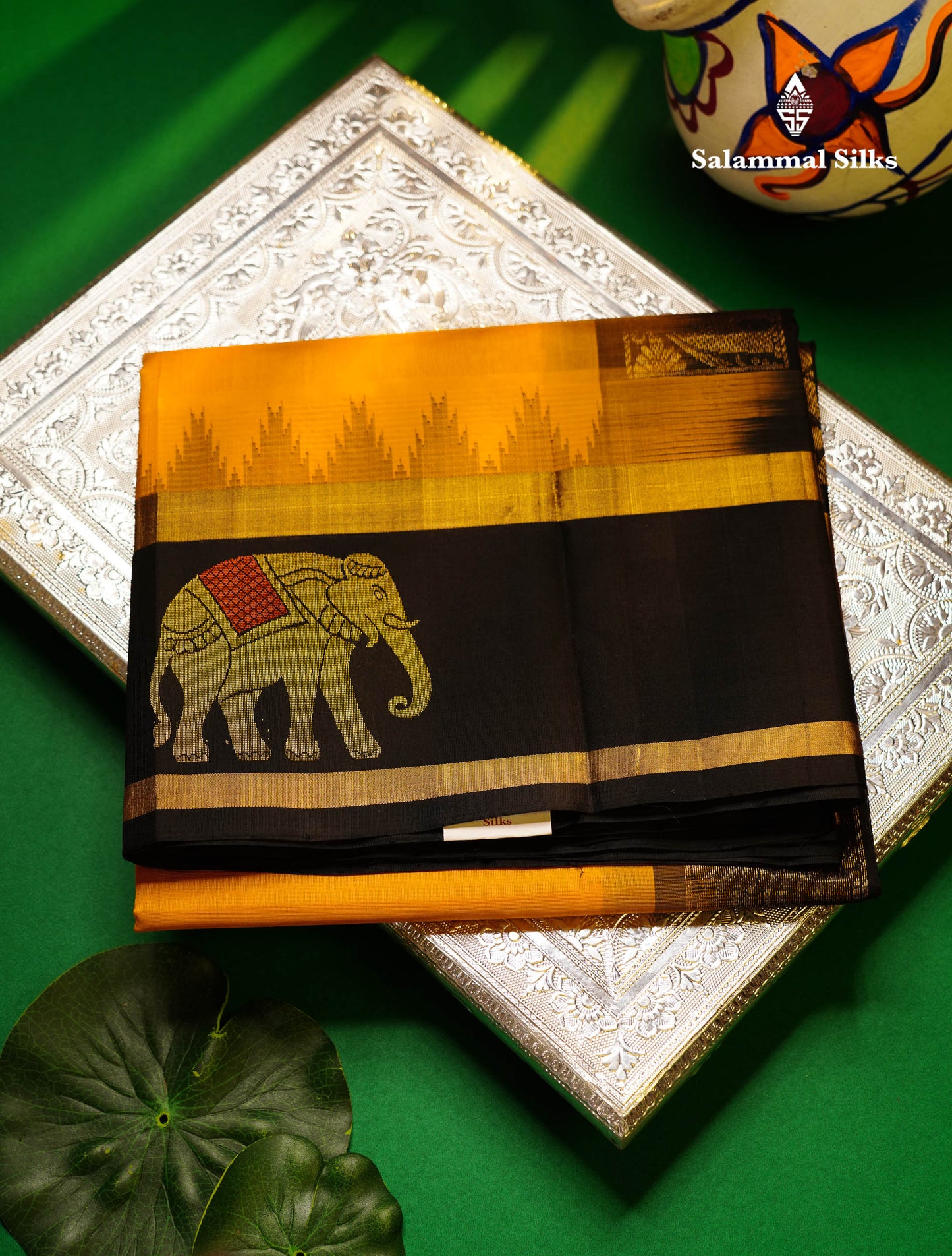 Beautiful Half White Plain Pure Silk Cotton Saree With Contrast Black Traditional Menakari Work & Temple Border