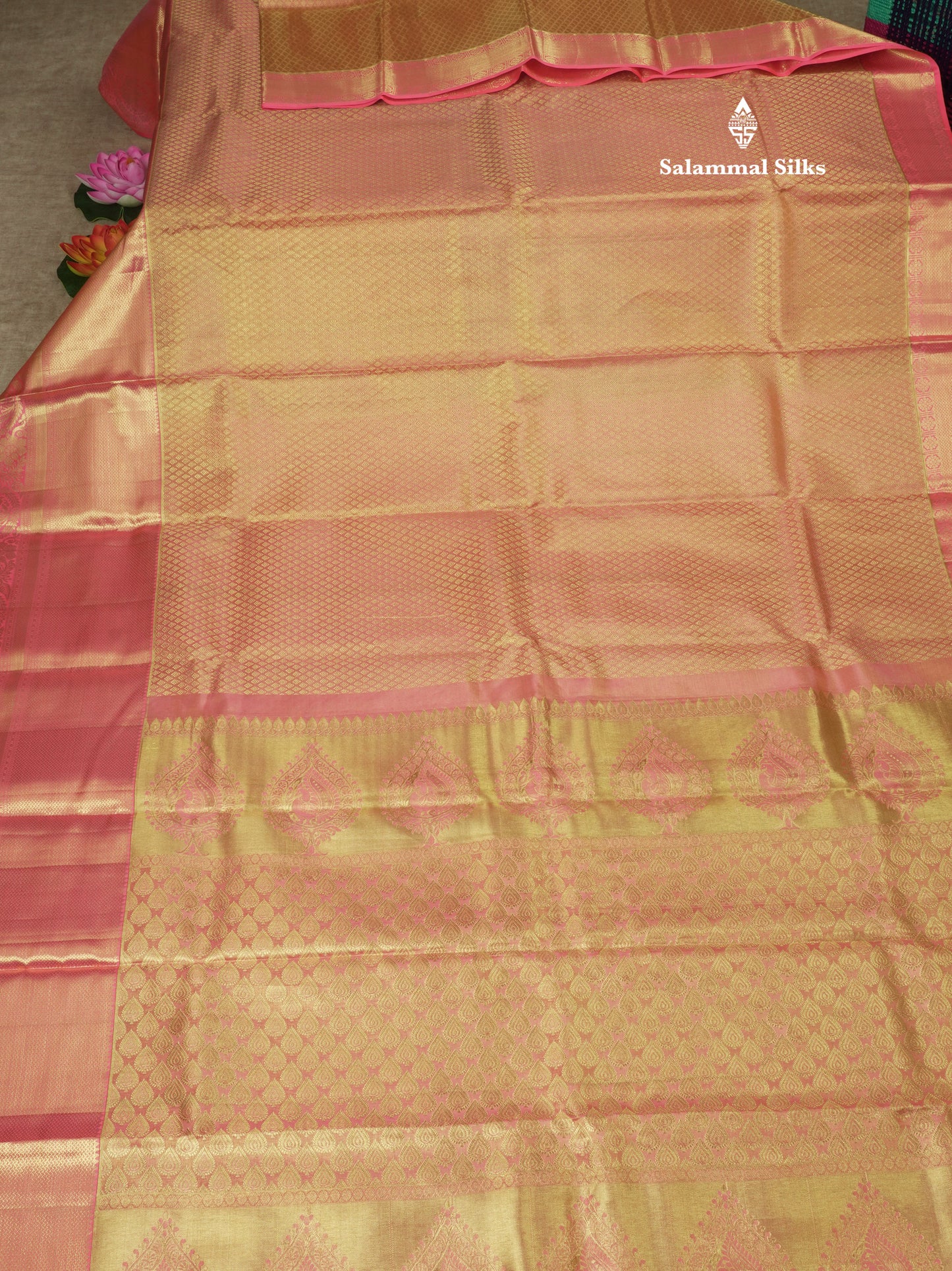 Kanjivaram Peach Grand Bridal Pure Silk Saree With Baby Pink Border