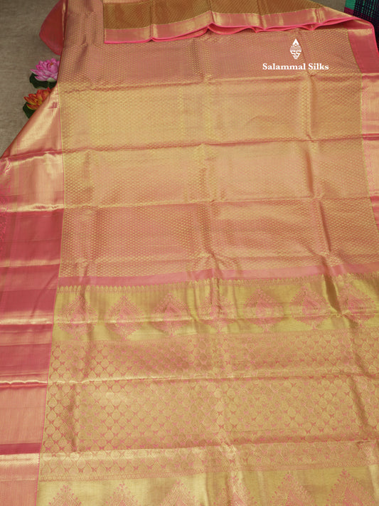 Kanjivaram Peach Grand Bridal Pure Silk Saree With Baby Pink Border