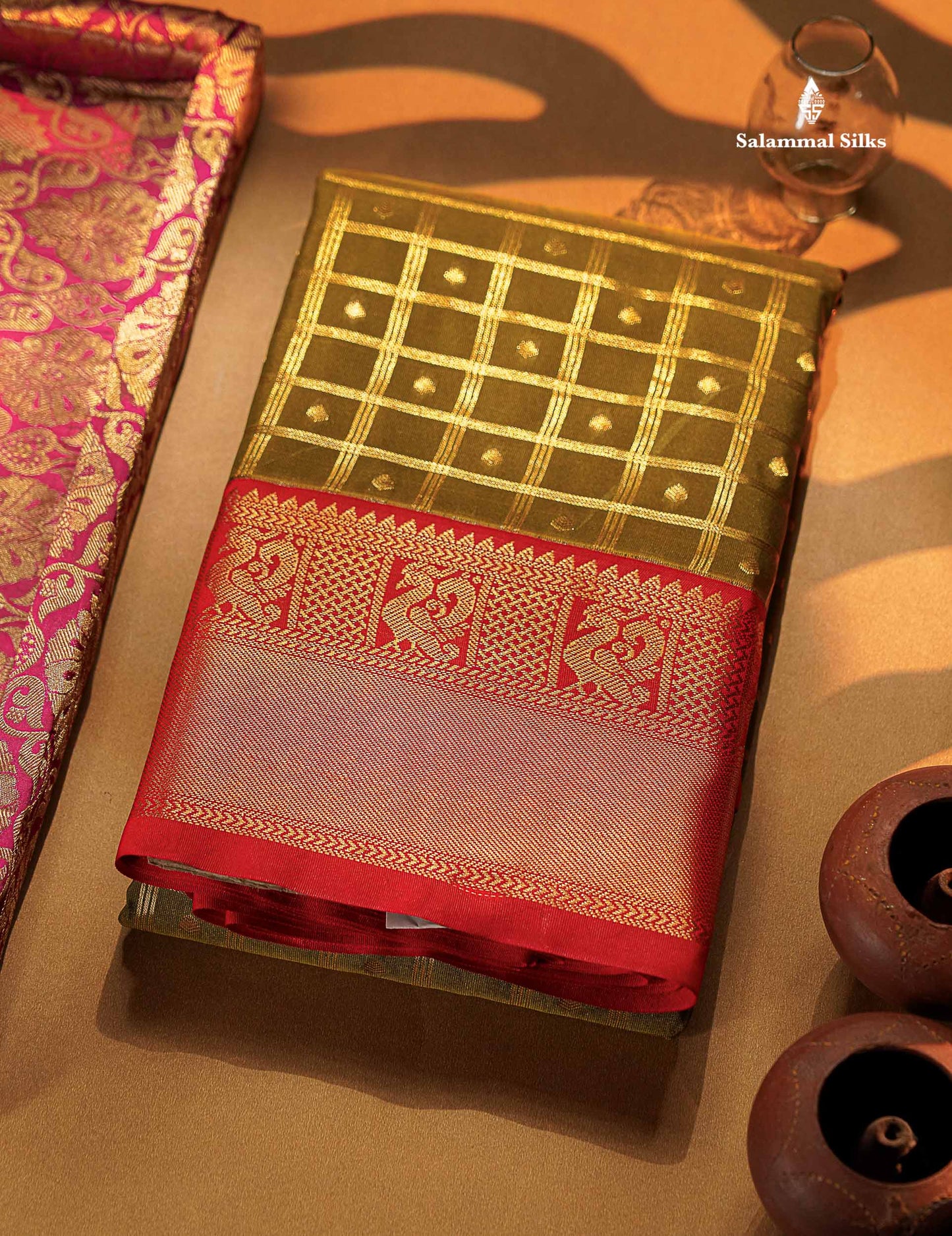 Beautiful Olive Green Checks With Zari Butta Semi Silk Saree With Contrast Red Traditional Border
