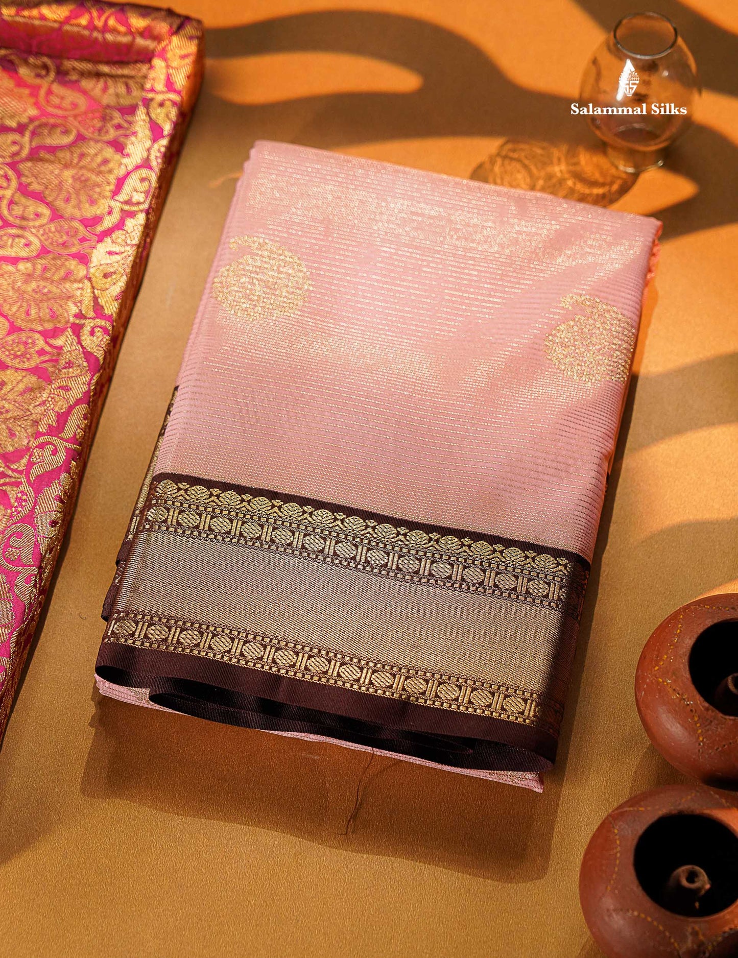 Semi Silk Saree - Light Pink Mango Butta With Alai Vaira Oosi Lines Along With Contrast Dark Brown Traditional Small Border