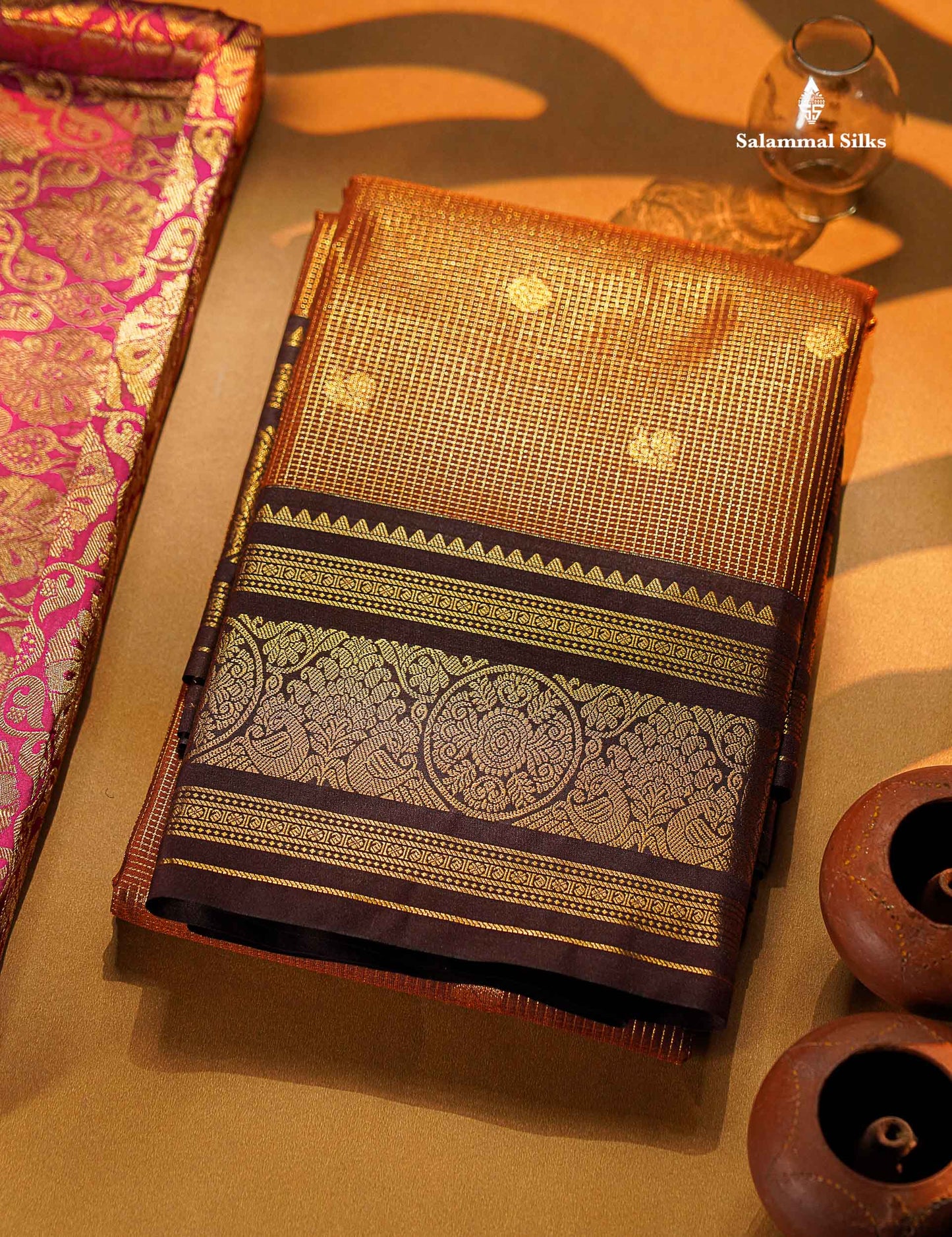 Beautiful Rust Orange Vaira Oosi Checks With Butta Semi Silk Saree With Contrast Dark Brown Traditional Border