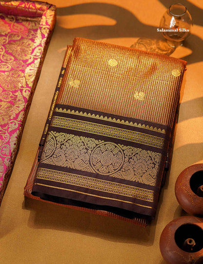 Beautiful Rust Orange Vaira Oosi Checks With Butta Semi Silk Saree With Contrast Dark Brown Traditional Border