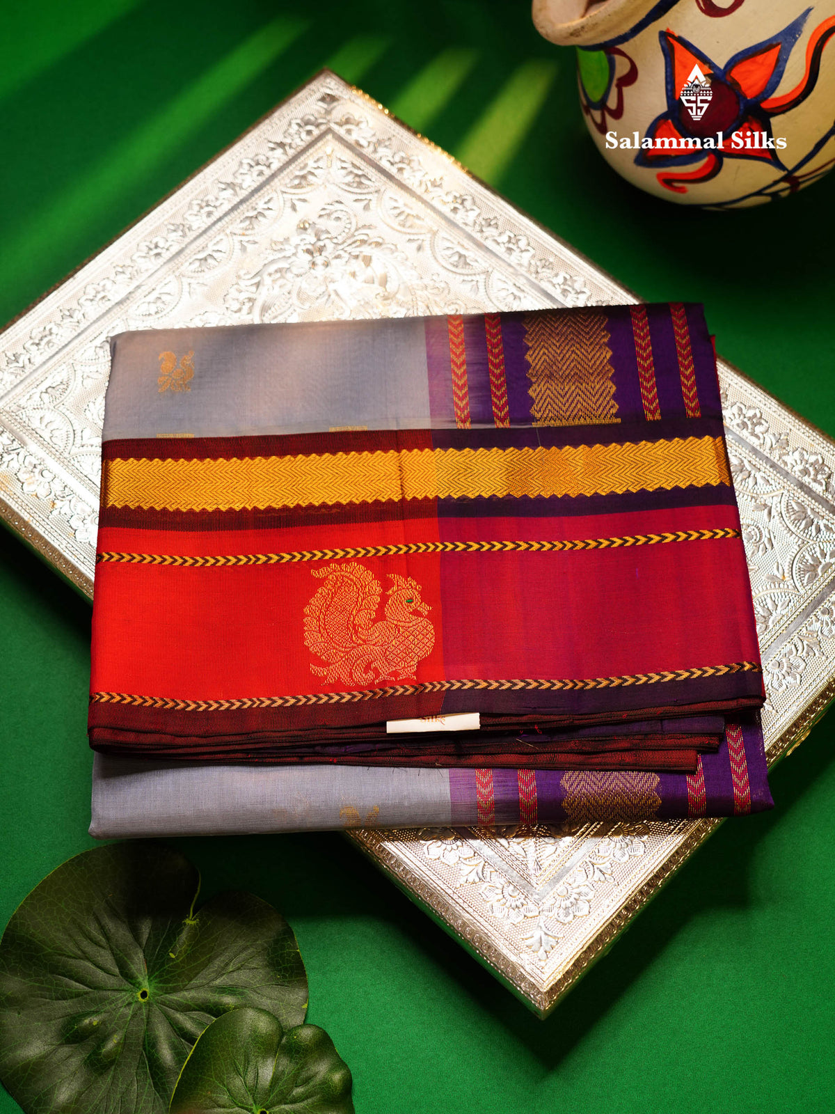 Beautiful Blueish Grey Peacock Zari Butta Pure Silk Cotton Saree With Contrast Red Traditional Border
