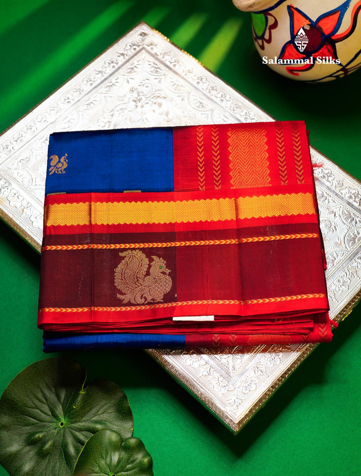 Beautiful Royal Blue Peacock Zari Buttas Pure Silk Cotton Saree With Contrast Dark Maroon Traditional Border