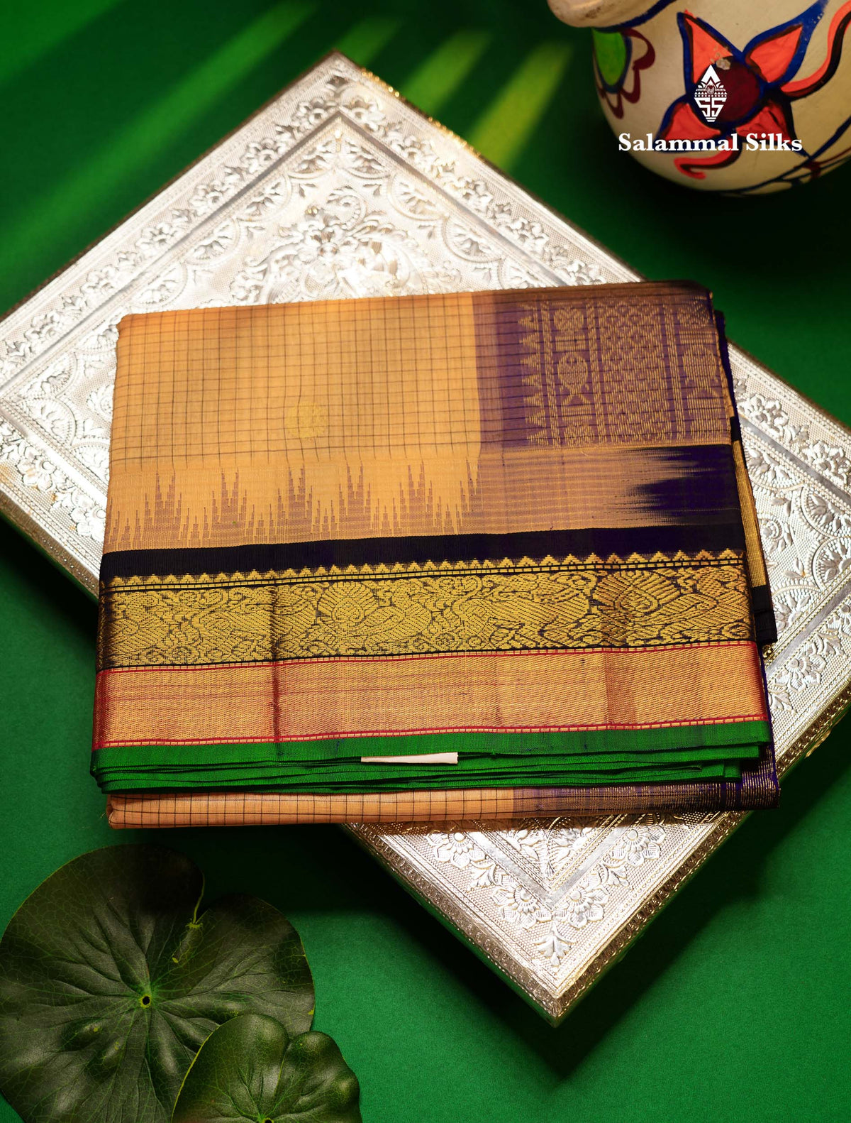 Beautiful Sandal Small Checks With Butta Pure Silk Cotton Saree With Contrast Violet Traditional Border