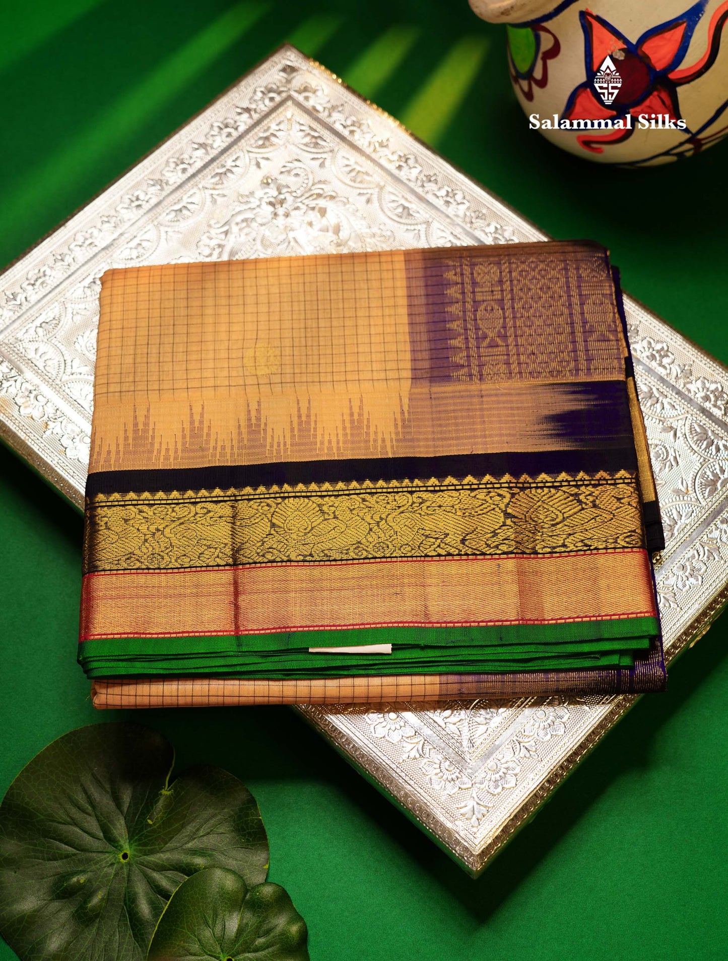 Beautiful Sandal Small Checks With Butta Pure Silk Cotton Saree With Contrast Violet Traditional Border