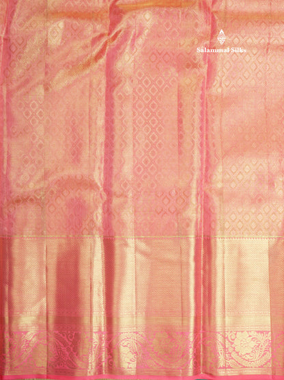Kanjivaram Peach Grand Bridal Pure Silk Saree With Baby Pink Border