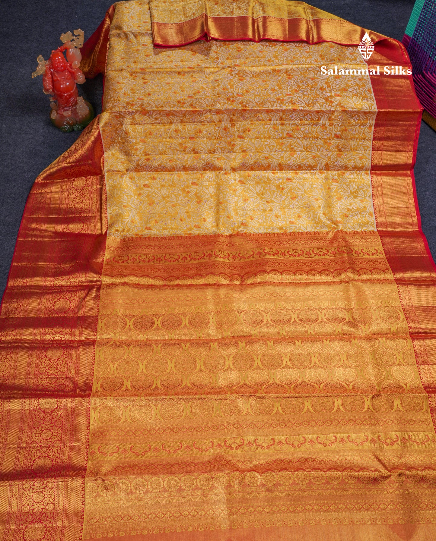 Beautiful Gold Tissue Bridal Pure Kanjivaram Silk Saree With Contrast Chilly Red Traditional Evening Morning Border