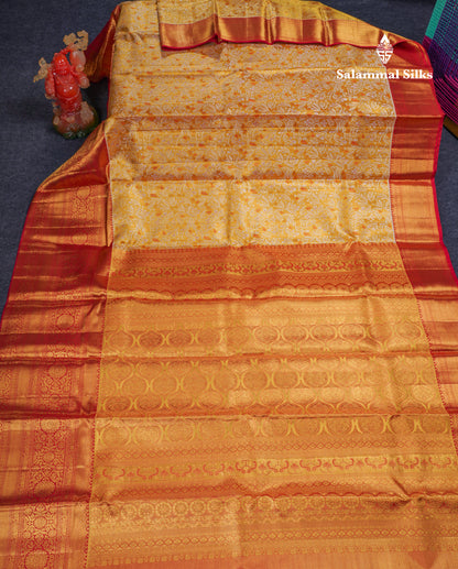 Beautiful Gold Tissue Bridal Pure Kanjivaram Silk Saree With Contrast Chilly Red Traditional Evening Morning Border