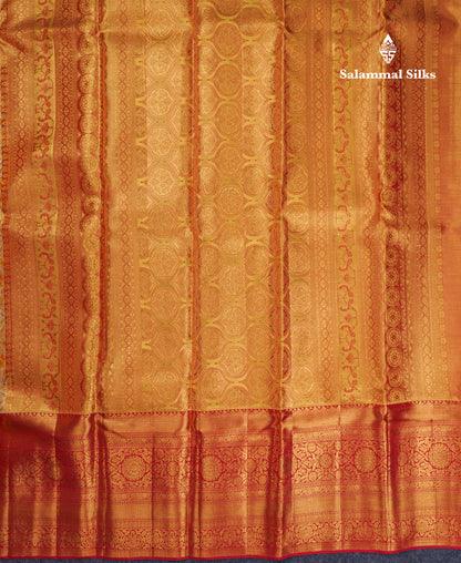 Beautiful Gold Tissue Bridal Pure Kanjivaram Silk Saree With Contrast Chilly Red Traditional Evening Morning Border