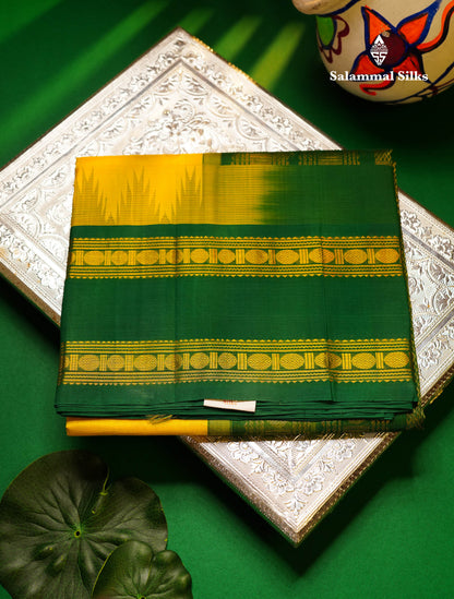 Beautiful Lemon Yellow Zari Butta Pure Silk Cotton Saree With Contrast Saffire Green Traditional Gap Border