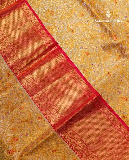 Beautiful Gold Tissue Bridal Pure Kanjivaram Silk Saree With Contrast Chilly Red Traditional Evening Morning Border