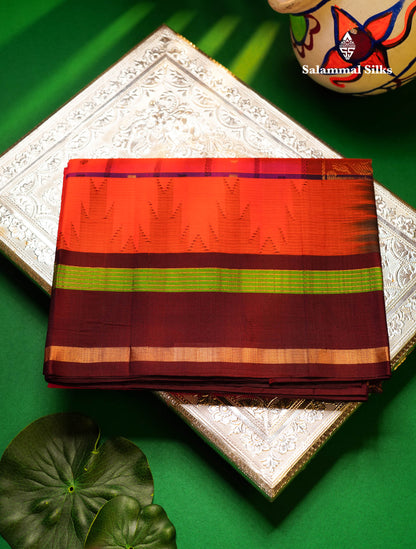 Beautiful Dual Tone Pinkish Peach Checks With Butta Silk Cotton Saree With Contrast Bottle Green Traditional Temple & Gap Border