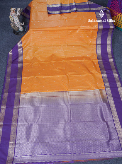 Mustard Yellow Small Checks Semi Silk Saree With Contrast Dark Purple Traditional Gap Border