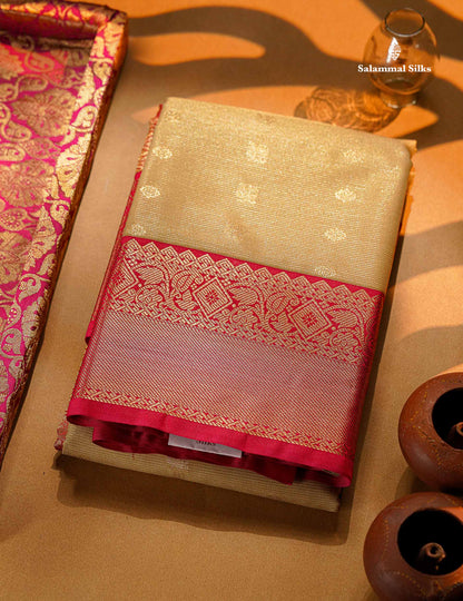 Beautiful Cream Sandal Vaira Oosi Line With Butta Semi Silk Saree With Contrast Pink Traditional Border