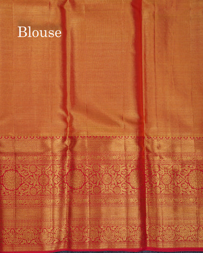 Beautiful Gold Tissue Bridal Pure Kanjivaram Silk Saree With Contrast Chilly Red Traditional Evening Morning Border