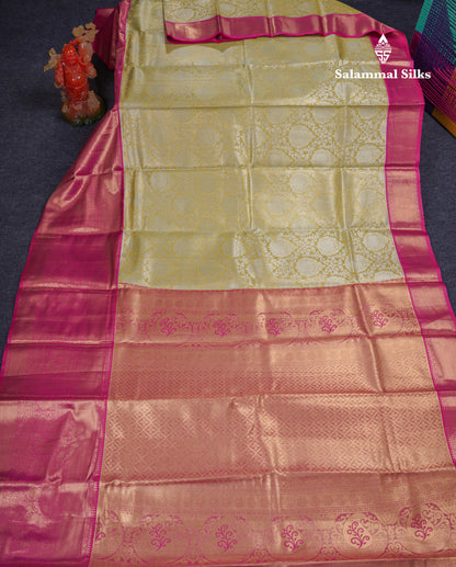 Beautiful Lemon Yellow Tissue Semi Silk Saree With Contrast Pink Long Traditional Border