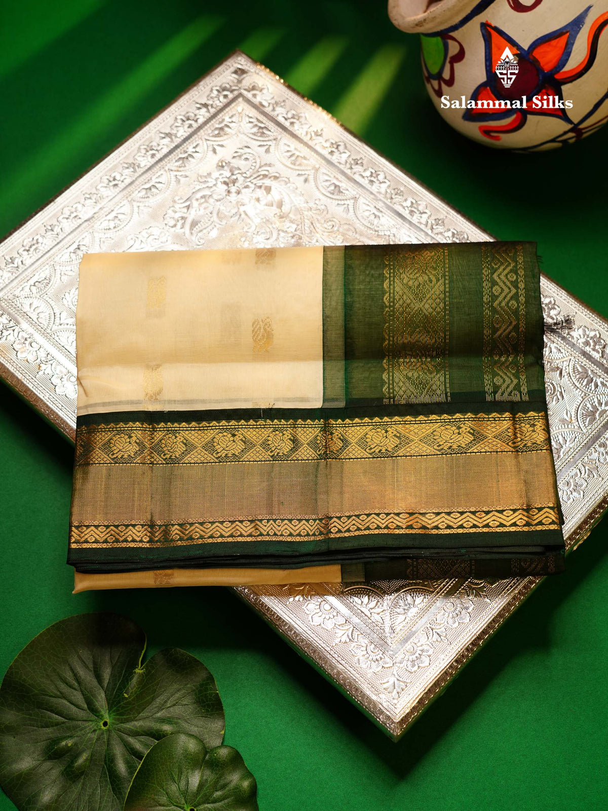 Beautiful Half White Peacock Zari Butta Pure Silk Cotton Saree With Contrast Bottle Green Traditional Border
