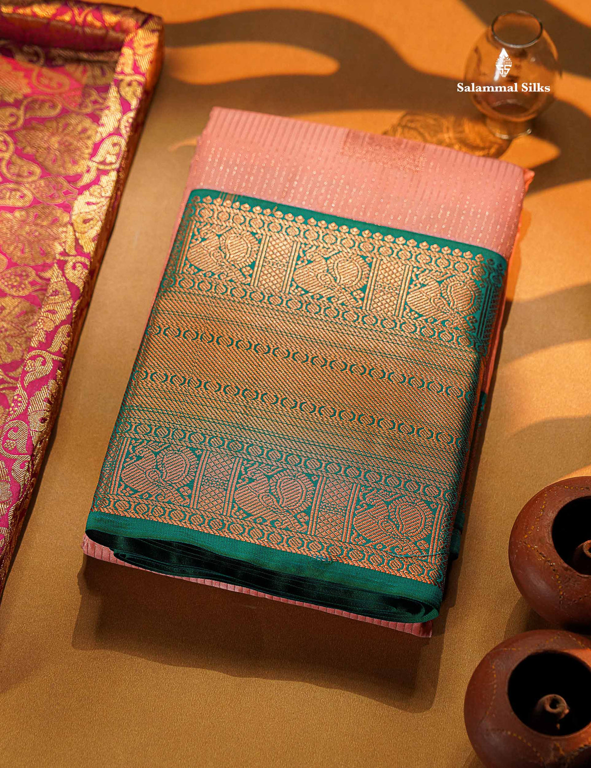 Beautiful Dark Peach Semi Silk Saree With Contrast Sapphire Green Traditional Evening Morning Border