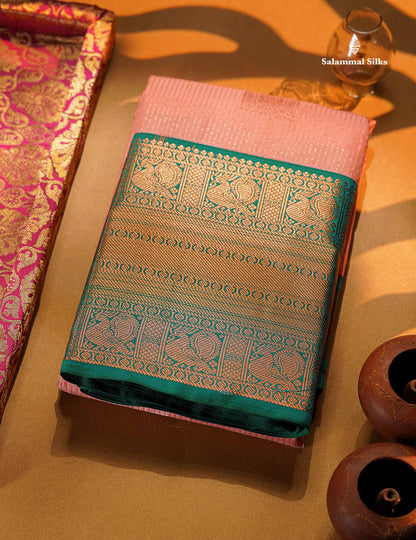Beautiful Dark Peach Semi Silk Saree With Contrast Sapphire Green Traditional Evening Morning Border