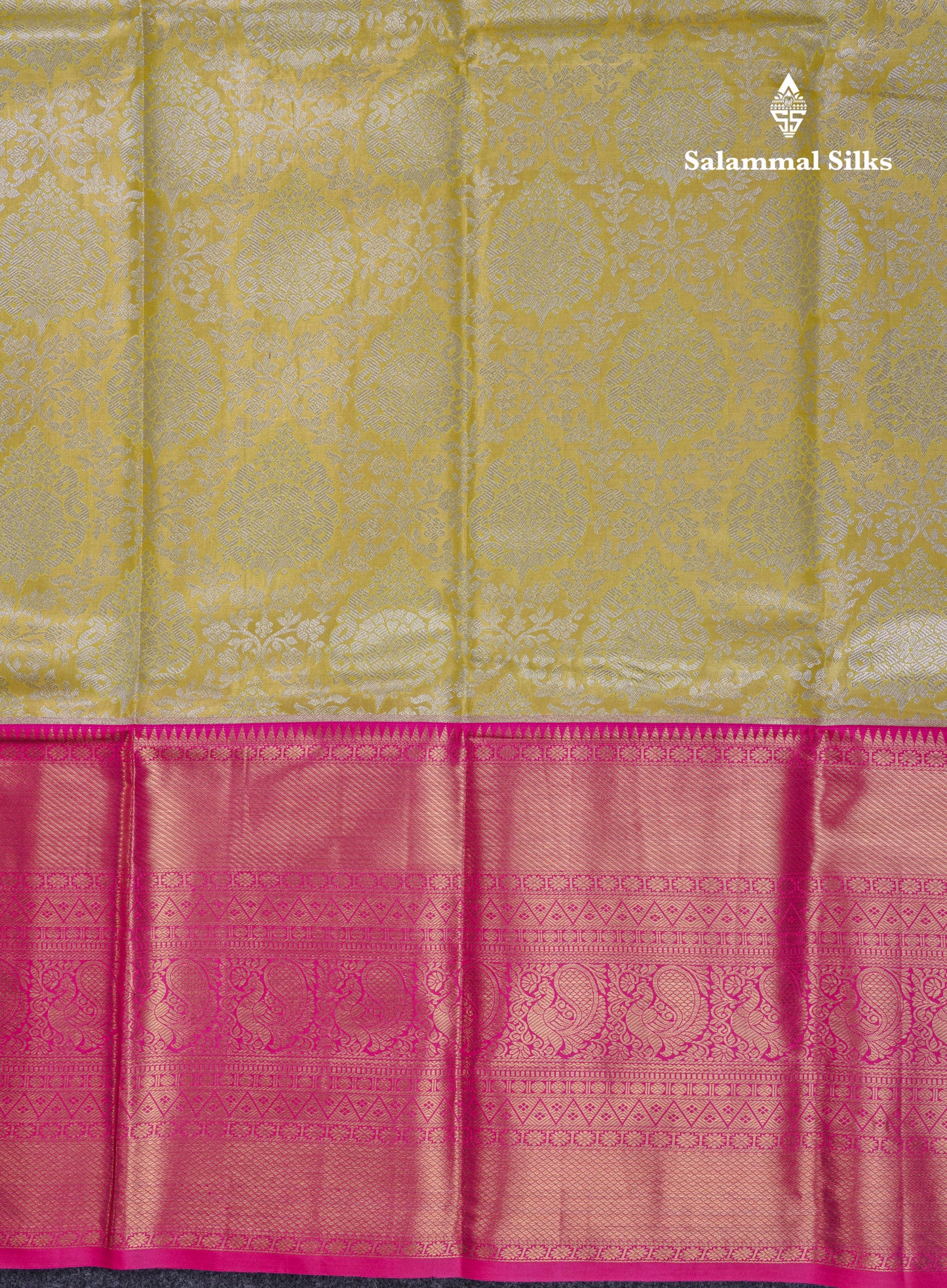 Beautiful Lemon Yellow Tissue Semi Silk Saree With Contrast Pink Long Traditional Border
