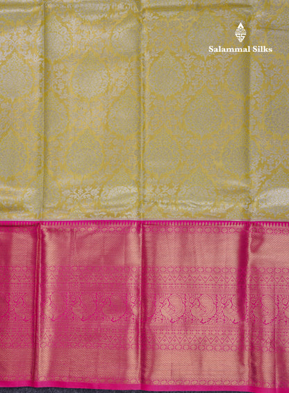 Beautiful Lemon Yellow Tissue Semi Silk Saree With Contrast Pink Long Traditional Border