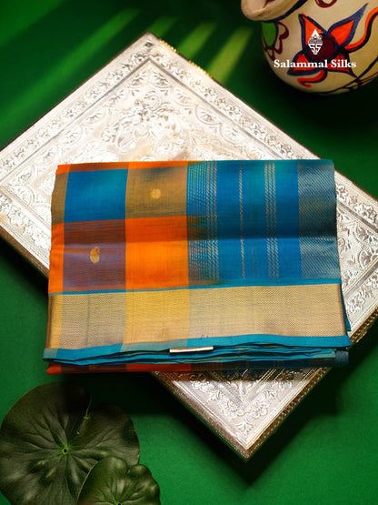 Beautiful Paalum Pazham Checks Pure Silk Cotton Saree With Contrast Blue Blouse