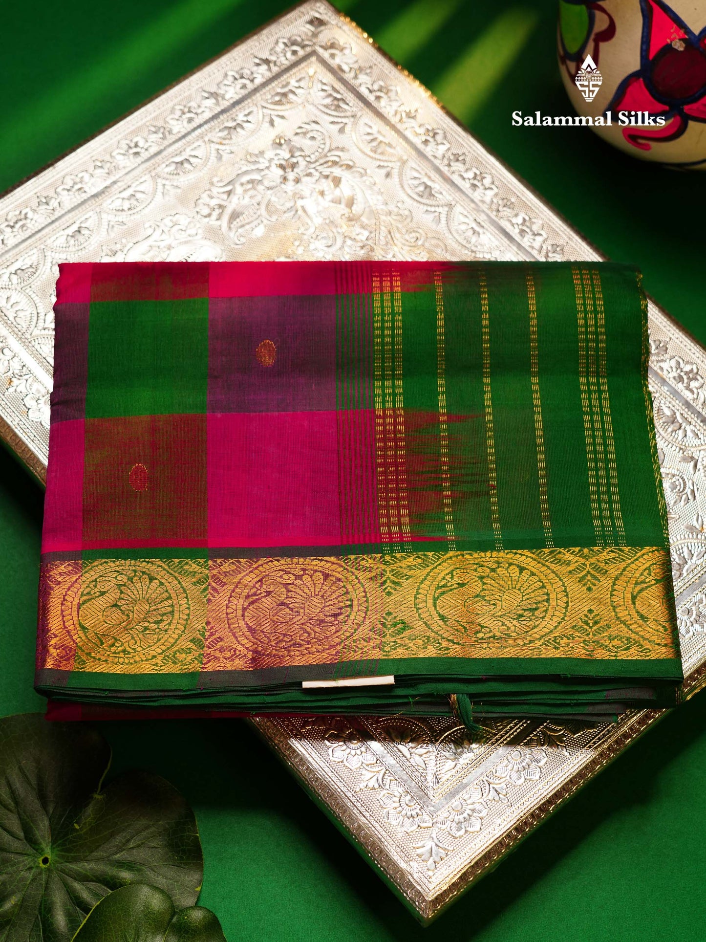Beautiful Paalum Pazham Checks Pure Silk Cotton Saree With Contrast Saffire Green Blouse