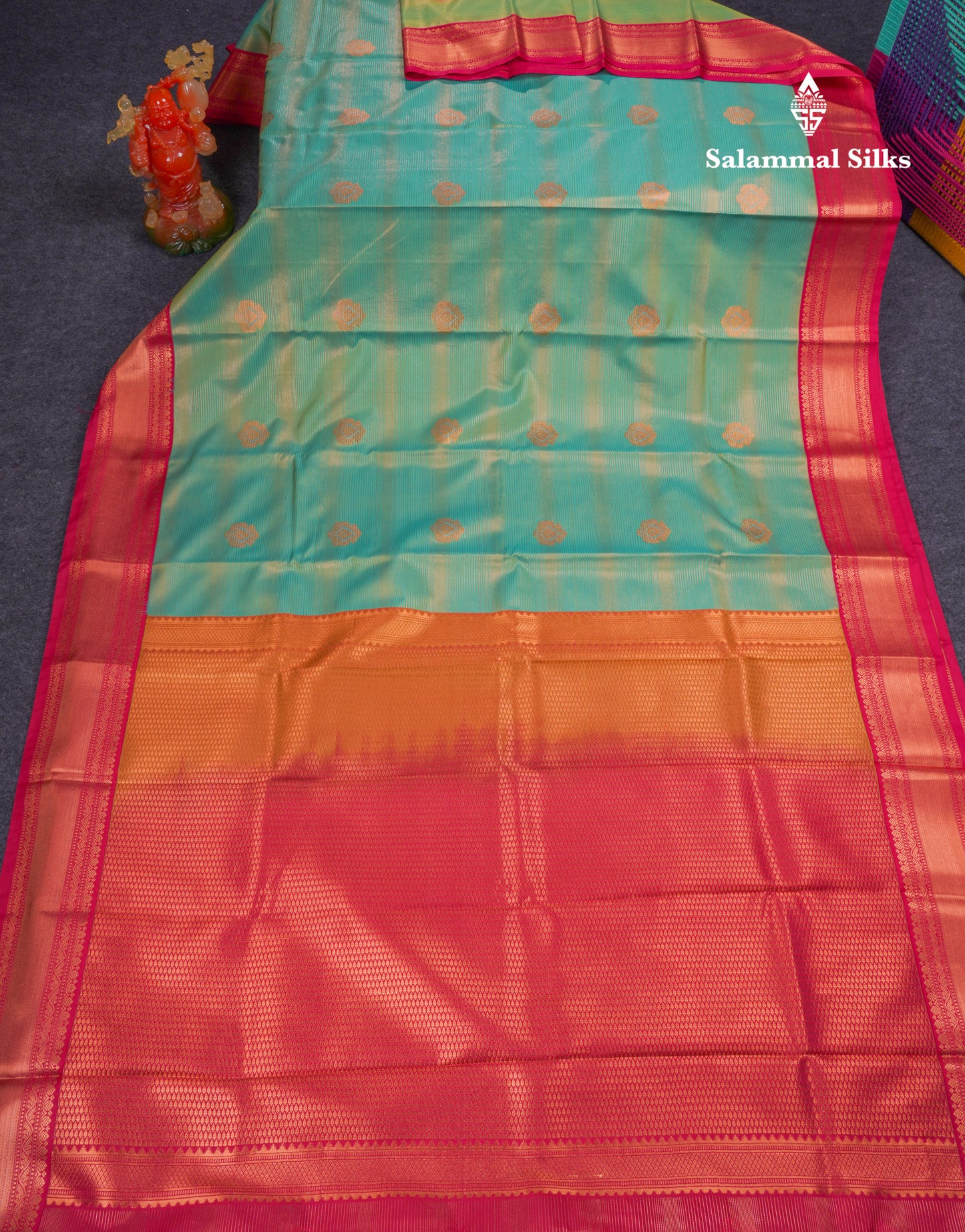 Beautiful Light Rexona Green Aalai Vaira Oosi Semi Silk Saree With Contrast Pink Traditional Border