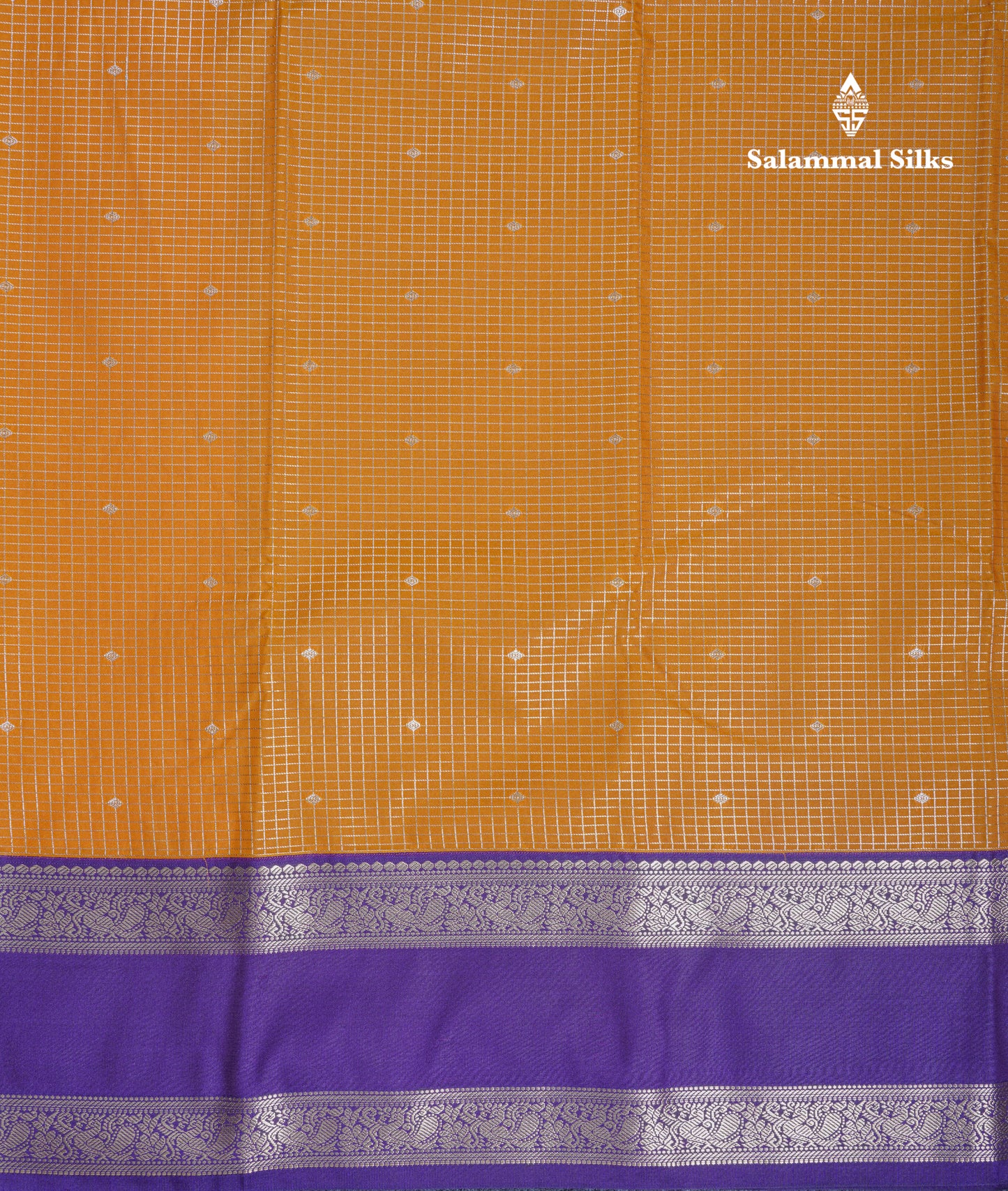 Mustard Yellow Small Checks Semi Silk Saree With Contrast Dark Purple Traditional Gap Border