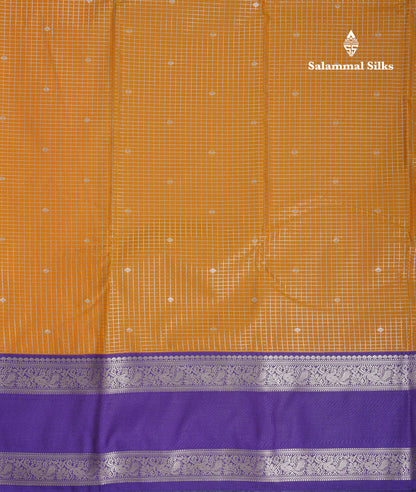 Mustard Yellow Small Checks Semi Silk Saree With Contrast Dark Purple Traditional Gap Border