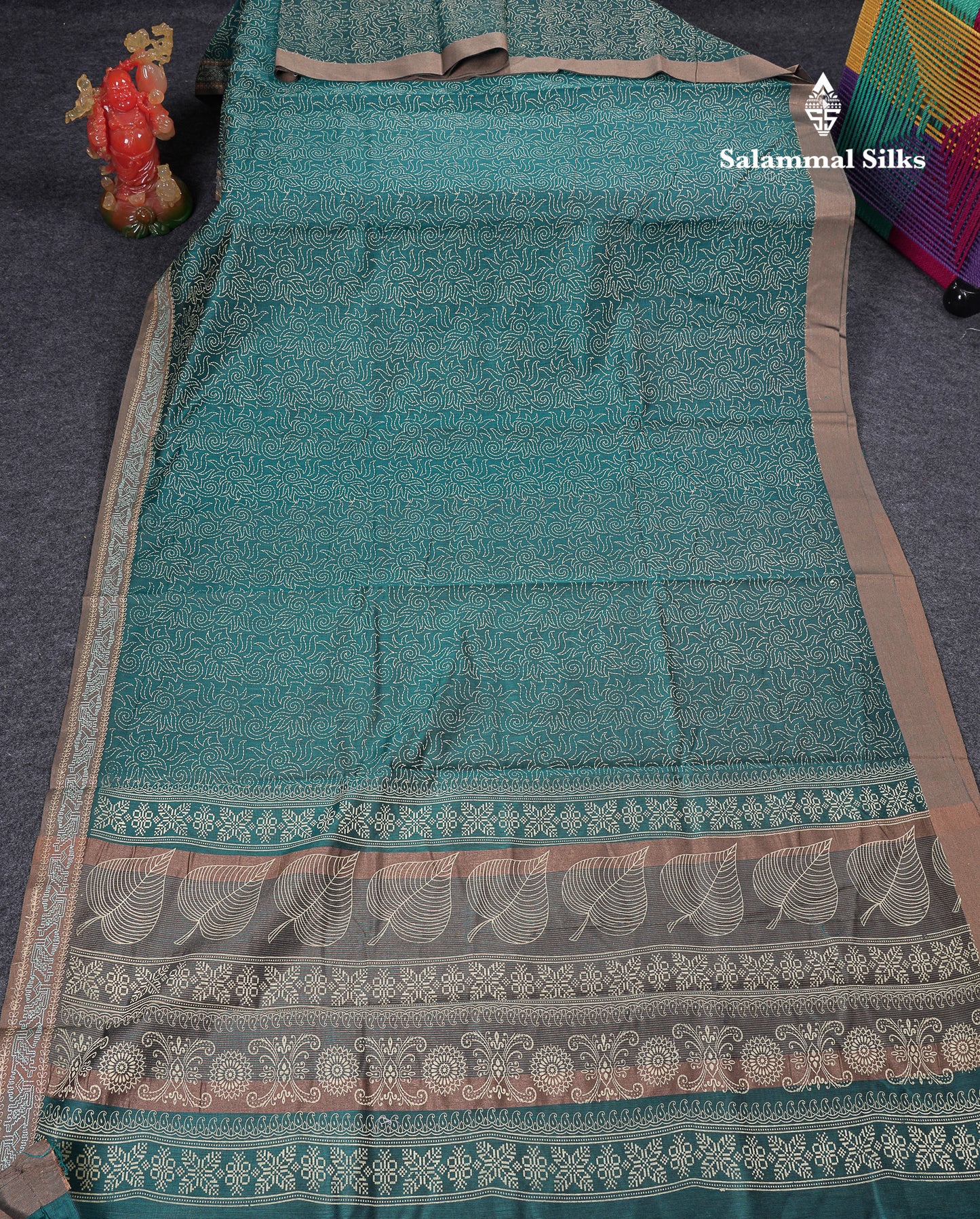 Beautiful Peacock Blue Printed Cotton Mix Saree With Contrast Grey Embroidery Border