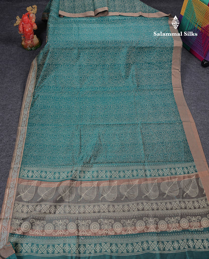 Beautiful Peacock Blue Printed Cotton Mix Saree With Contrast Grey Embroidery Border