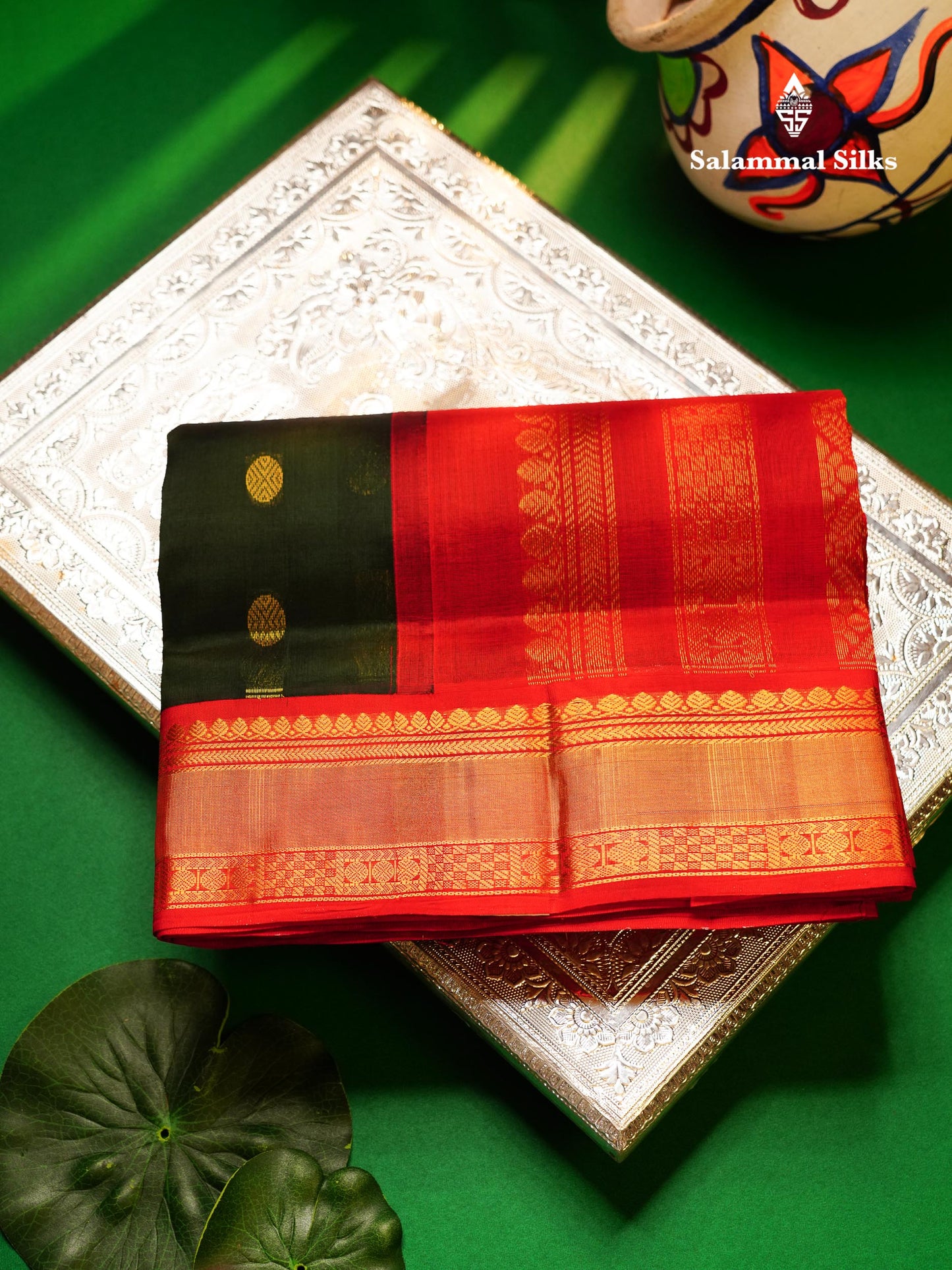 Beautiful Dark Bottle Green Pure Silk Cotton Saree With Contrast Chilly Red Traditional Border