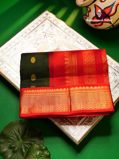 Beautiful Dark Bottle Green Pure Silk Cotton Saree With Contrast Chilly Red Traditional Border