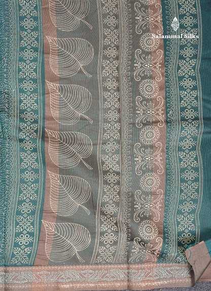 Beautiful Peacock Blue Printed Cotton Mix Saree With Contrast Grey Embroidery Border