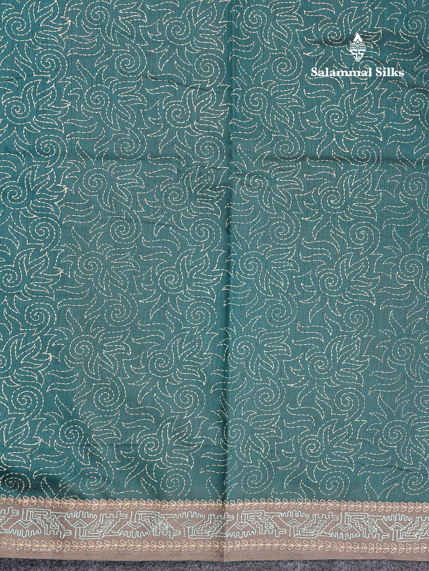 Beautiful Peacock Blue Printed Cotton Mix Saree With Contrast Grey Embroidery Border