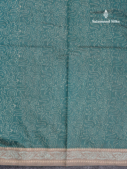 Beautiful Peacock Blue Printed Cotton Mix Saree With Contrast Grey Embroidery Border