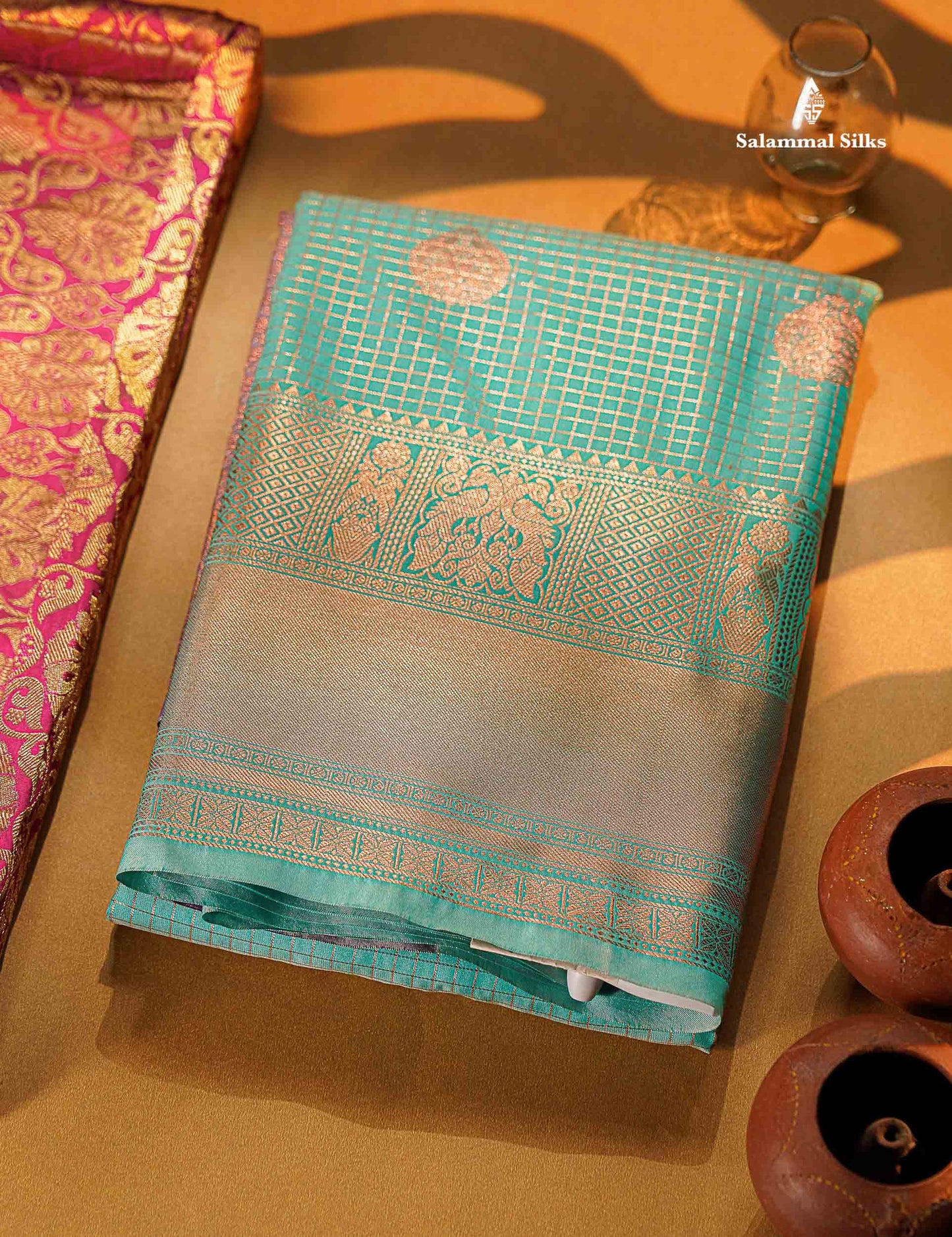 Rexona Green Colour Small Checks Semi Silk Saree With Violet Blouse